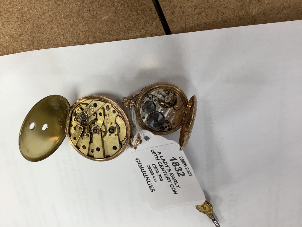 A lady's early 20th century continental 14k open faced pocket watch and a similar 9ct gold fob watch